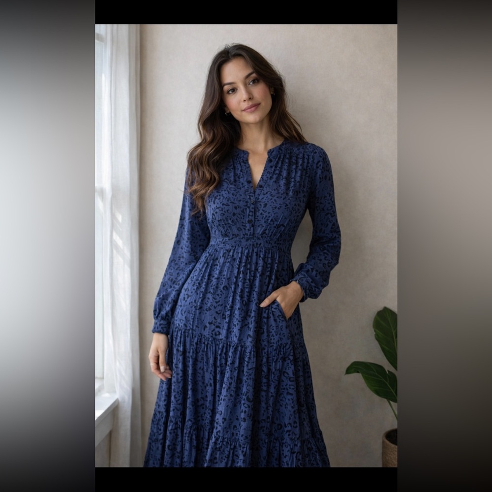 Free People Blue Leopard Print LongSleeved Button Up Back Maxi Dress